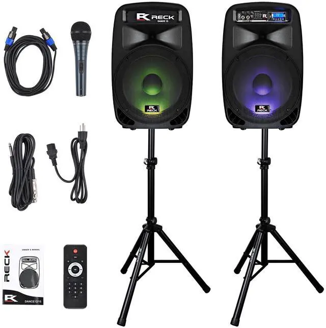 Main image of Proreck Dance 15 Portable 15-Inch 2000 Watt 2-Way Powered PA Speaker System Combo Set with Bluetooth/USB/SD Card Reader/FM Radio/Remote Control/LED Light