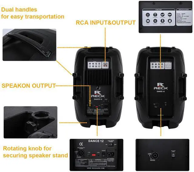 Alt view image 4 of 5 - PRORECK DANCE 12 Portable 12-Inch 1000 Watts 2-Way Powered Dj/PA Speaker System Combo Set with Bluetooth/USB/SD Card Reader/FM Radio/Remote Control/Speaker Stand/Wired mic