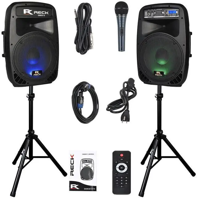 Main image of PRORECK DANCE 12 Portable 12-Inch 1000 Watts 2-Way Powered Dj/PA Speaker System Combo Set with Bluetooth/USB/SD Card Reader/FM Radio/Remote Control/Speaker Stand/Wired mic