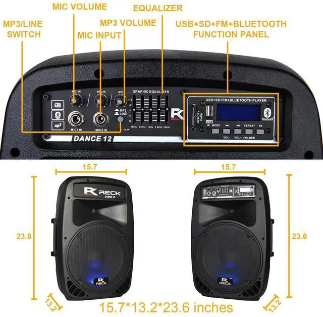 Alt view image 2 of 5 - PRORECK DANCE 12 Portable 12-Inch 1000 Watts 2-Way Powered Dj/PA Speaker System Combo Set with Bluetooth/USB/SD Card Reader/FM Radio/Remote Control/Speaker Stand/Wired mic