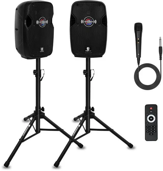 Main image of PRORECK Impact 8 8-Inch Stereo Speakers, 600W Peak Power Bluetooth PA Speaker System with Wired Microphone, Speaker Stands & Remote  Portable DJ Speaker for Parties, Events, Karaoke, Outdoor Use