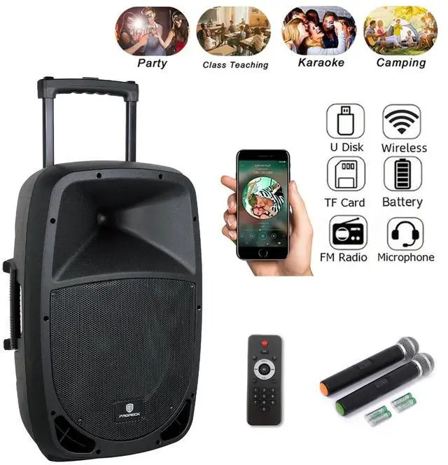 Alt view image 2 of 6 - PRORECK Freedom 12" 500W Rechargeable Wireless Bluetooth Speaker w/ 2 Mics - USB/SD Reader, FM Radio, Remote - Portable PA System for DJ Karaoke Party