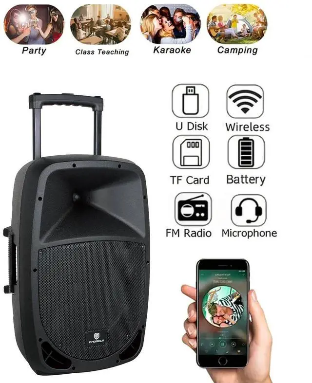Main image of PRORECK Freedom 15" 800W 2-Way Powered PA Speaker w/ Speaker Stand & Wireless Mics - Rechargeable, Bluetooth, USB/SD Reader, FM Radio, Remote
