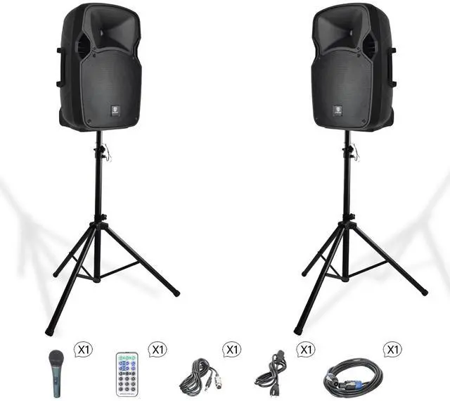 Main image of PRORECK Party 12 1000W Powered PA Speaker System Combo w/ Bluetooth, USB/SD/FM, Remote and speaker Stands - 12" 2-Way (Pair)