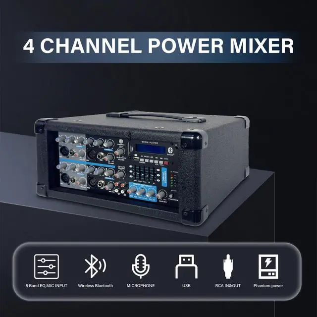 Alt view image 2 of 6 - PRORECK DELTA 10 1800W Bluetooth PA Speaker System with 4-Channel Powered Mixer, 2 10-Inch Passive Speakers, Stands, Reverb Effects, and 15V Phantom Power. Perfect for DJs, Bands, Karaoke, Live Events