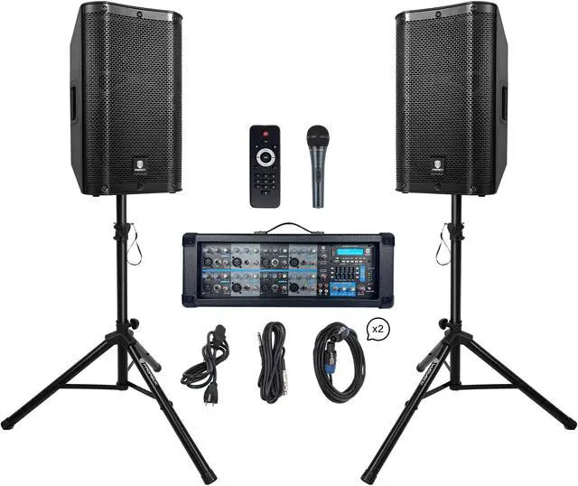 Main image of PRORECK Delta 128 2000W Bluetooth PA Speaker System with 6-Channel Powered Mixer, 2 12-Inch Passive Speakers, Stands, Reverb Effects, 15V Phantom Power. Perfect for DJs, Bands, Karaoke, Live Events