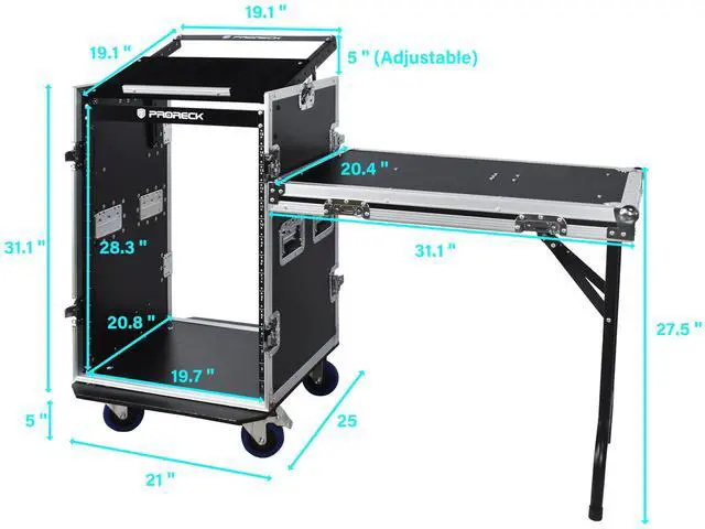 Alt view image 4 of 6 - PRORECK 16U Rack/Road Case with Slant Mixer Top, One Side Table and Casters, 20'' Rackable Depth, Plywood, 16U Installation Size, Pro Stage Performance