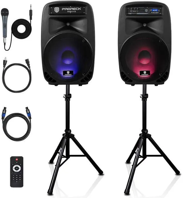 Main image of PRORECK New Party 15 15-Inch 2-Way Powered PA Speaker System Combo Set with Bluetooth/USB/SD Card Reader/FM Radio/Remote Control/Speaker Stand