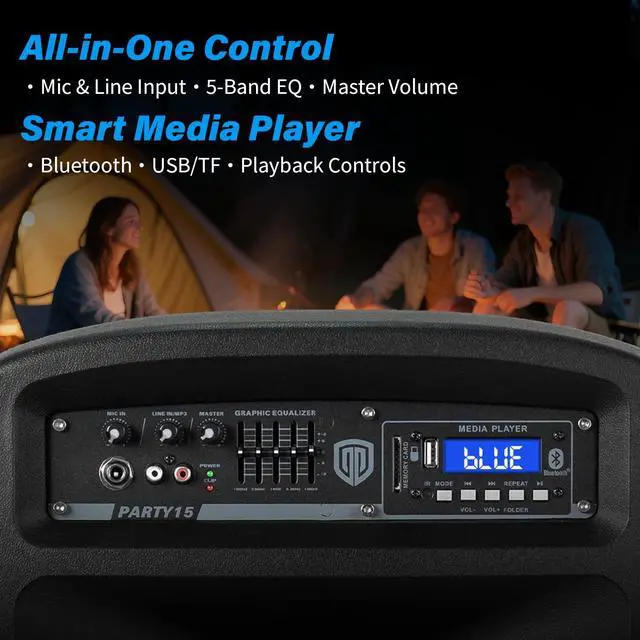 Alt view image 2 of 7 - PRORECK New Party 15 15-Inch 2-Way Powered PA Speaker System Combo Set with Bluetooth/USB/SD Card Reader/FM Radio/Remote Control/Speaker Stand