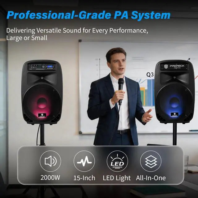 Alt view image 3 of 7 - PRORECK New Party 15 15-Inch 2-Way Powered PA Speaker System Combo Set with Bluetooth/USB/SD Card Reader/FM Radio/Remote Control/Speaker Stand