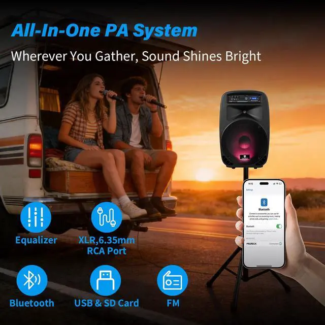 Alt view image 4 of 7 - PRORECK New Party 15 15-Inch 2-Way Powered PA Speaker System Combo Set with Bluetooth/USB/SD Card Reader/FM Radio/Remote Control/Speaker Stand