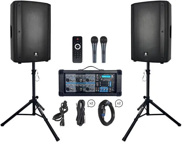 Main image of PRORECK Delta 156 2000W Bluetooth PA Speaker System with 6-Channel Powered Mixer, 2 15-Inch Passive Speakers, Stands, Reverb Effects, 15V Phantom Power. Perfect for DJs, Bands, Karaoke, Live Events.