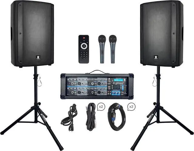 Main image of PRORECK Delta 158 2400W Bluetooth PA Speaker System with 8-Channel Powered Mixer, 2 15-Inch Passive Speakers, Stands, Reverb Effects, 15V Phantom Power. Perfect for DJs, Bands, Karaoke, Live Events.