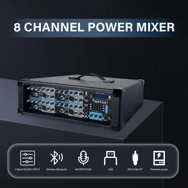 Alt view image 2 of 6 - PRORECK Delta 158 2400W Bluetooth PA Speaker System with 8-Channel Powered Mixer, 2 15-Inch Passive Speakers, Stands, Reverb Effects, 15V Phantom Power. Perfect for DJs, Bands, Karaoke, Live Events.
