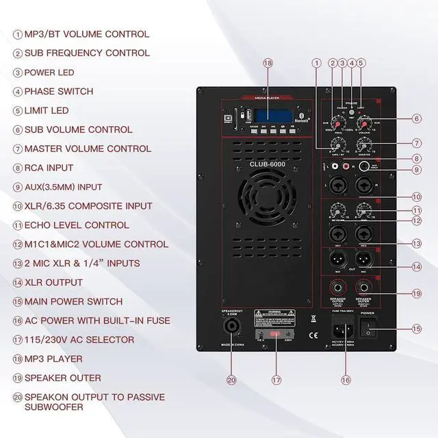 Alt view image 4 of 6 - RECK 6000W P.M.P.O Stereo 15-inch Powered PA Speaker System DJ Combo Set, 4 Line Array Speakers and Two 15 inch Subwoofers with Bluetooth/USB/SD Card/Remote Control for Party DJ Wedding Meeting