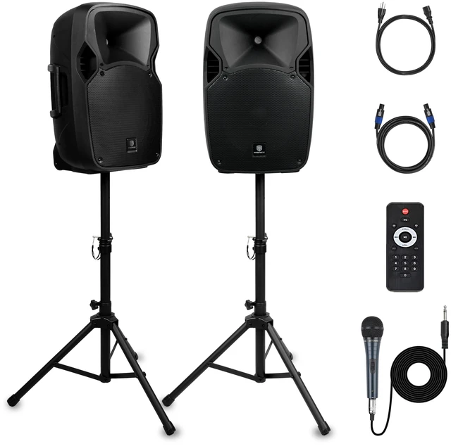 Main image of PRORECK Party 12 12-Inch 1800W 2-Way Powered PA Speaker System Combo Set with Bluetooth/USB Drive/SD Card/FM/Remote Control/Speaker Stands for Indoor, Outdoor DJ Parties, Personal Gatherings, Karaoke