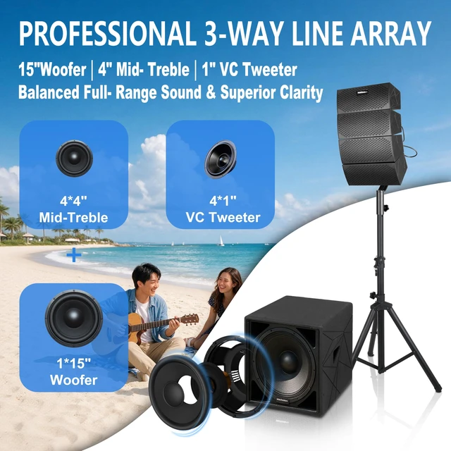 Alt view image 4 of 6 - PRORECK Stage 15 4000W Powered DJ PA System, 15'' Subwoofer, 8 Line Array
