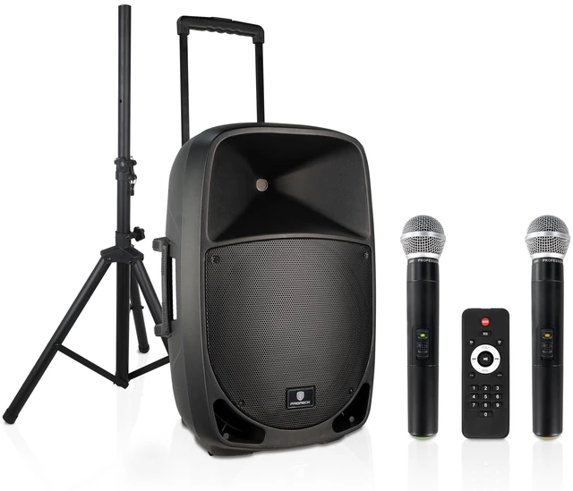 Main image of Portable 15" 1600W 2-Way Rechargeable Powered Dj PA Speaker System with Bluetooth, Rechargeable Battery, 2 Wireless Mics, USB, SD, FM Radio, Remote & Speaker Stand for Parties, Events, gigs, Outdoor