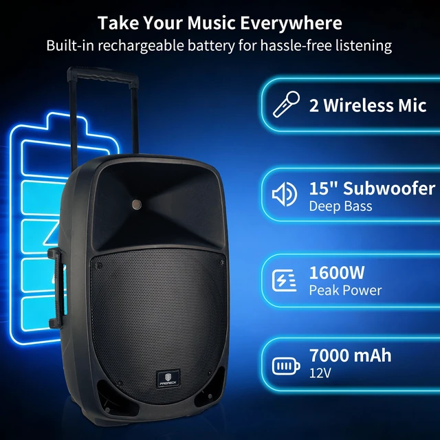 Alt view image 2 of 7 - Portable 15" 1600W 2-Way Rechargeable Powered Dj PA Speaker System with Bluetooth, Rechargeable Battery, 2 Wireless Mics, USB, SD, FM Radio, Remote & Speaker Stand for Parties, Events, gigs, Outdoor