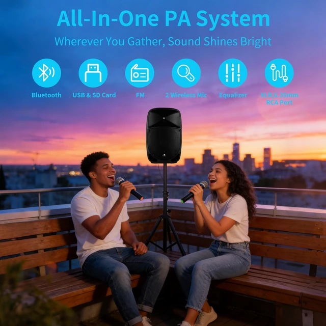 Alt view image 3 of 7 - Portable 15" 1600W 2-Way Rechargeable Powered Dj PA Speaker System with Bluetooth, Rechargeable Battery, 2 Wireless Mics, USB, SD, FM Radio, Remote & Speaker Stand for Parties, Events, gigs, Outdoor
