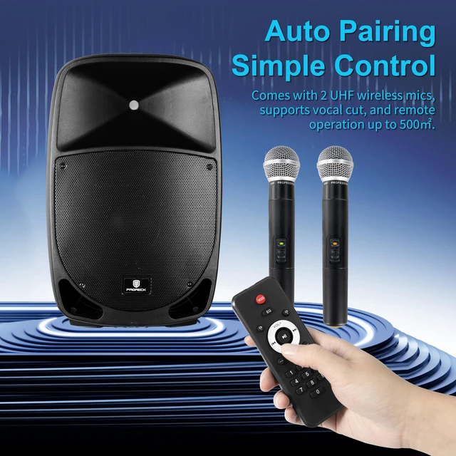 Alt view image 4 of 7 - Portable 15" 1600W 2-Way Rechargeable Powered Dj PA Speaker System with Bluetooth, Rechargeable Battery, 2 Wireless Mics, USB, SD, FM Radio, Remote & Speaker Stand for Parties, Events, gigs, Outdoor