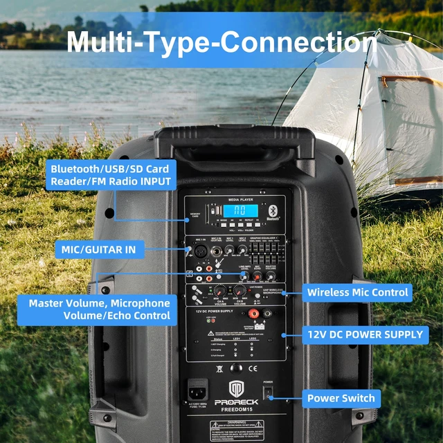 Alt view image 5 of 7 - Portable 15" 1600W 2-Way Rechargeable Powered Dj PA Speaker System with Bluetooth, Rechargeable Battery, 2 Wireless Mics, USB, SD, FM Radio, Remote & Speaker Stand for Parties, Events, gigs, Outdoor
