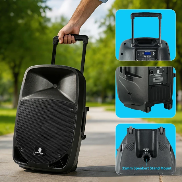 Alt view image 6 of 7 - Portable 15" 1600W 2-Way Rechargeable Powered Dj PA Speaker System with Bluetooth, Rechargeable Battery, 2 Wireless Mics, USB, SD, FM Radio, Remote & Speaker Stand for Parties, Events, gigs, Outdoor