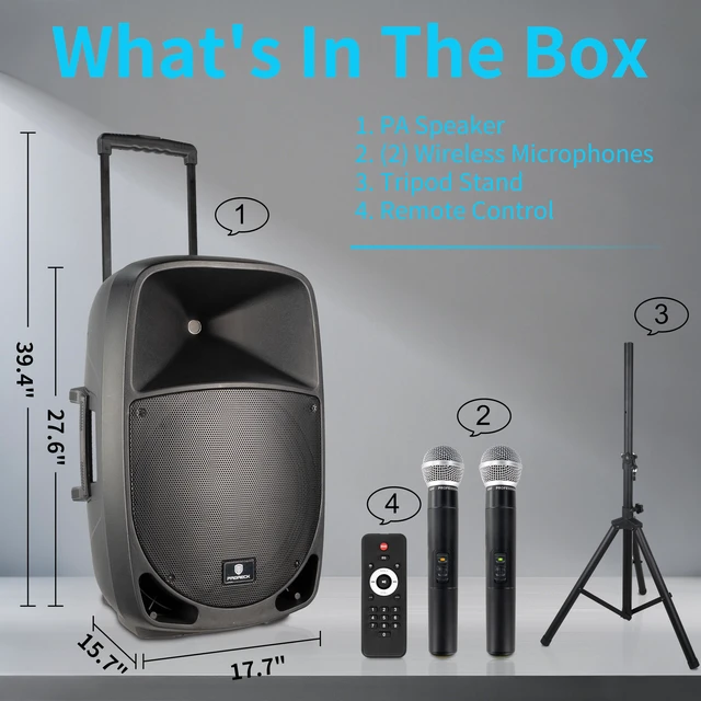 Alt view image 7 of 7 - Portable 15" 1600W 2-Way Rechargeable Powered Dj PA Speaker System with Bluetooth, Rechargeable Battery, 2 Wireless Mics, USB, SD, FM Radio, Remote & Speaker Stand for Parties, Events, gigs, Outdoor