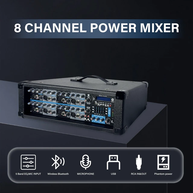 Alt view image 2 of 7 - PRORECK Delta 128 2400W Bluetooth PA Speaker System with 8-Channel Powered Mixer, 2 12-Inch Passive Speakers, Stands, Reverb Effects, 15V Phantom Power. Perfect for DJs, Bands, Karaoke, Live Events