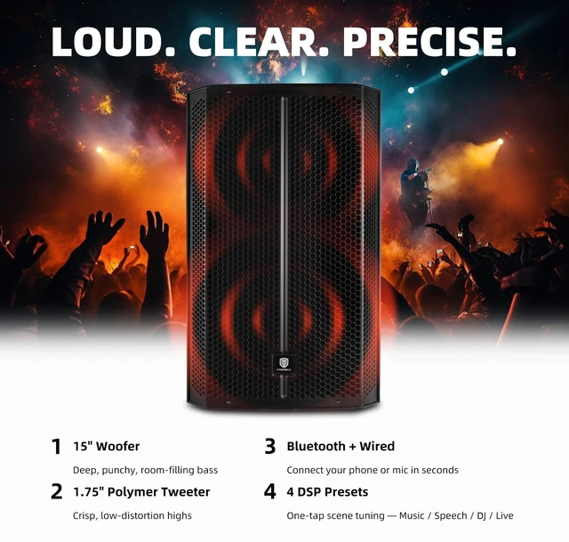 Alt view image 3 of 7 - PRORECK PR-915D 1500W Powered Bluetooth PA Speaker, 15-Inch 3-Channel DSP Speaker with Wireless TWS Pairing, for DJ, Live Sound, Party, and Stage Performance