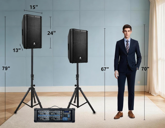 Alt view image 7 of 7 - PRORECK Delta 128 2400W Bluetooth PA Speaker System with 8-Channel Powered Mixer, 2 12-Inch Passive Speakers, Stands, Reverb Effects, 15V Phantom Power. Perfect for DJs, Bands, Karaoke, Live Events