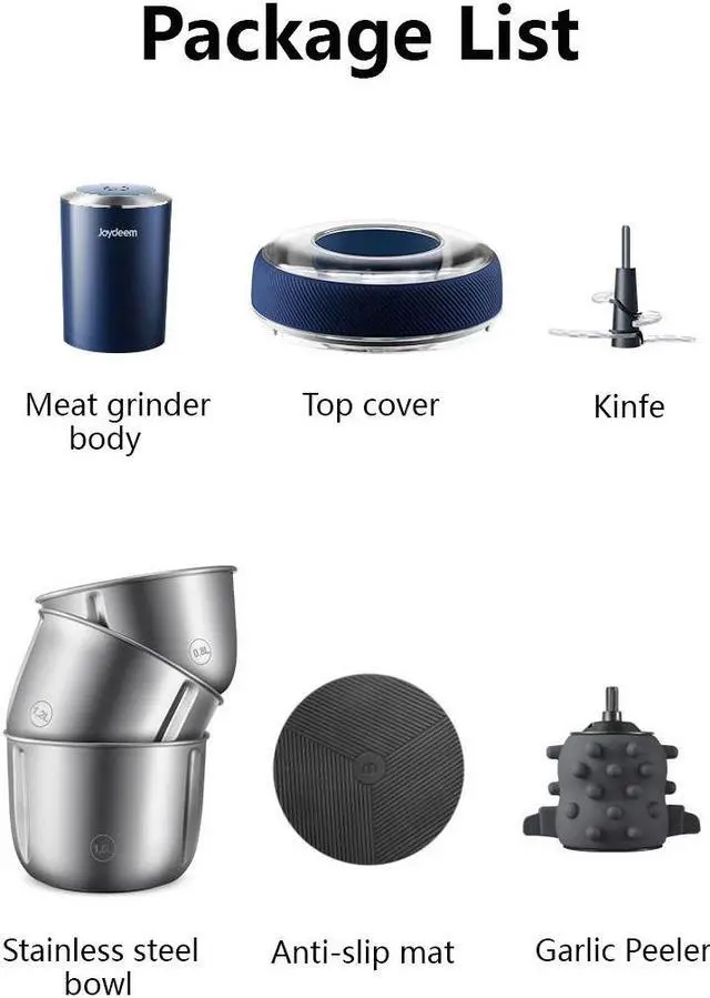 Alt view image 6 of 6 - Joydeem JD-376B Electric Food Processor,Meat Grinder with Garlic Peeler,3 Stainless Steel BowlsVegetable Fruit Chopper,Blue