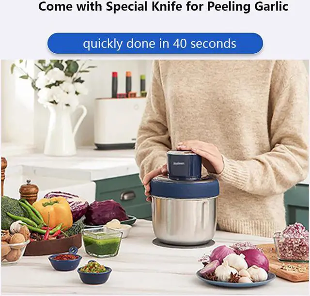 Alt view image 4 of 6 - Joydeem JD-376B Electric Food Processor,Meat Grinder with Garlic Peeler,3 Stainless Steel BowlsVegetable Fruit Chopper,Blue