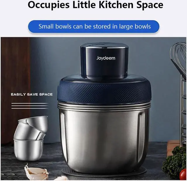 Alt view image 5 of 6 - Joydeem JD-376B Electric Food Processor,Meat Grinder with Garlic Peeler,3 Stainless Steel BowlsVegetable Fruit Chopper,Blue