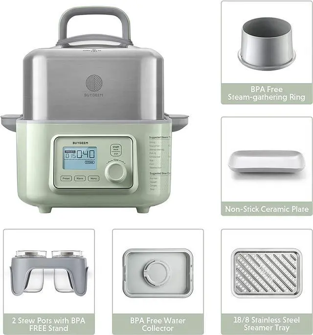 Alt view image 4 of 6 - BUYDEEM G563 5-Quart Electric Food Steamer for Cooking, One Touch Vegetable Steamer, Digital Multifunctional Steamer, 60s Quick Steam, Stainless Steel Steamer Tray & Glass Lid, Cozy Greenish, 1500W