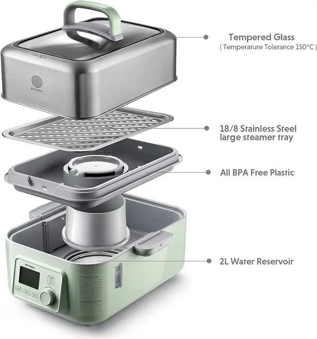 Alt view image 3 of 6 - BUYDEEM G563 5-Quart Electric Food Steamer for Cooking, One Touch Vegetable Steamer, Digital Multifunctional Steamer, 60s Quick Steam, Stainless Steel Steamer Tray & Glass Lid, Cozy Greenish, 1500W