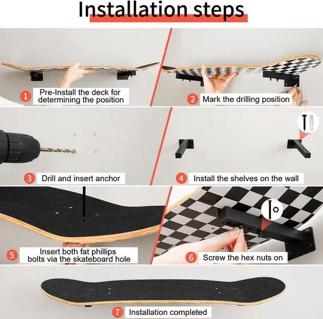 Alt view image 5 of 7 - MIUONO Skateboard Wall Mount, Longboard Skateboard Deck Rack Mount on Wall, Skateboards Floating Shelves Brackets, 4 Pack