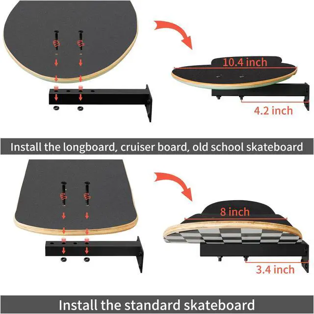 Alt view image 4 of 7 - MIUONO Skateboard Wall Mount, Longboard Skateboard Deck Rack Mount on Wall, Skateboards Floating Shelves Brackets, 4 Pack