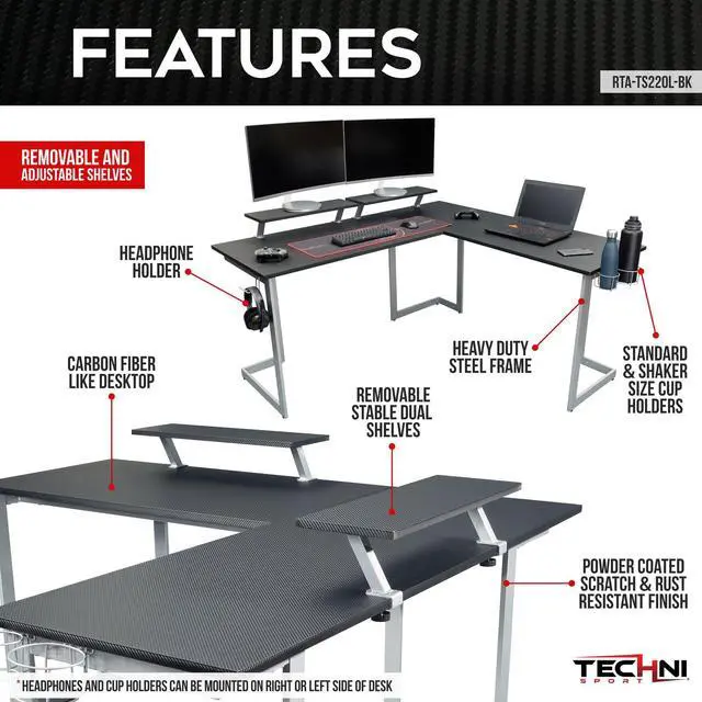 Alt view image 6 of 7 - Techni Sport Warrior L-Shaped Gaming Desk, Black