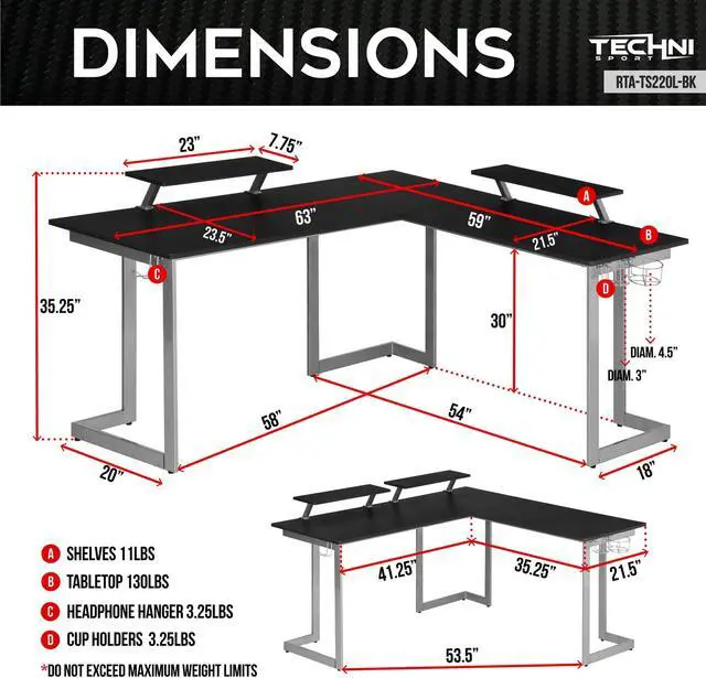 Alt view image 7 of 7 - Techni Sport Warrior L-Shaped Gaming Desk, Black