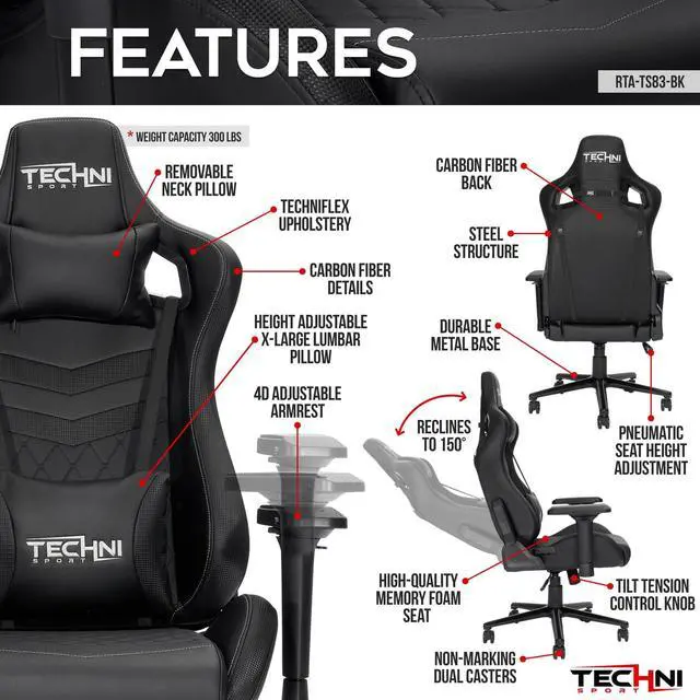 Alt view image 19 of 20 - Techni Sport TS-83 Ergonomic High Back Racer Style PC Gaming Chair, Black