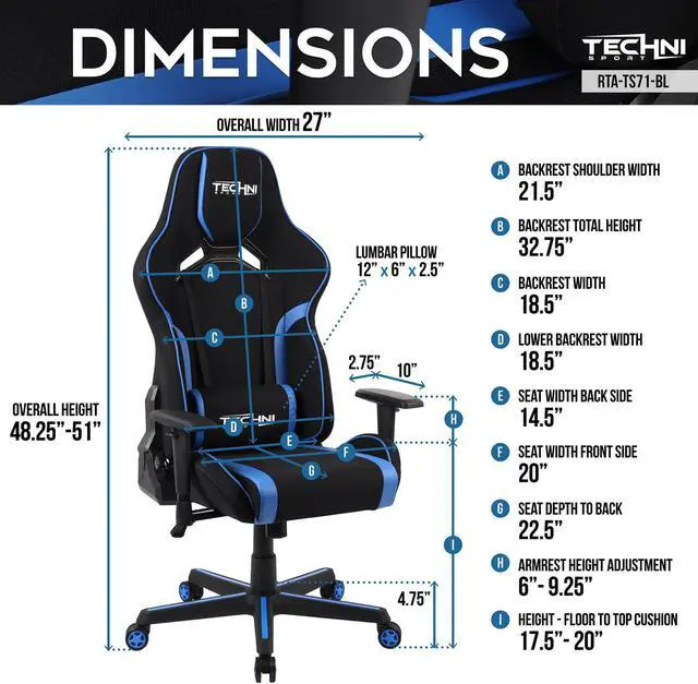 Alt view image 20 of 20 - TechniSport TSF-71 Fabric Office-PC Gaming Chair, Blue