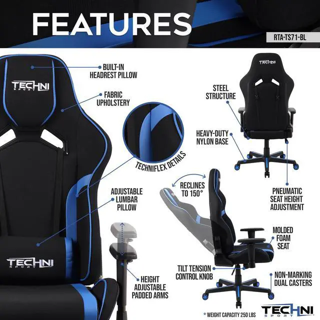 Alt view image 19 of 20 - TechniSport TSF-71 Fabric Office-PC Gaming Chair, Blue