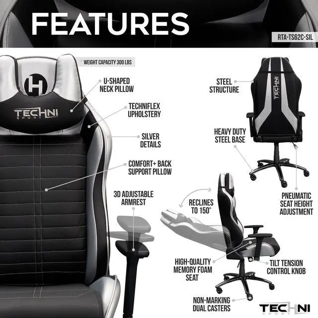Alt view image 20 of 20 - Techni Sport Ergonomic Racing Style Gaming  Chair - Silver
