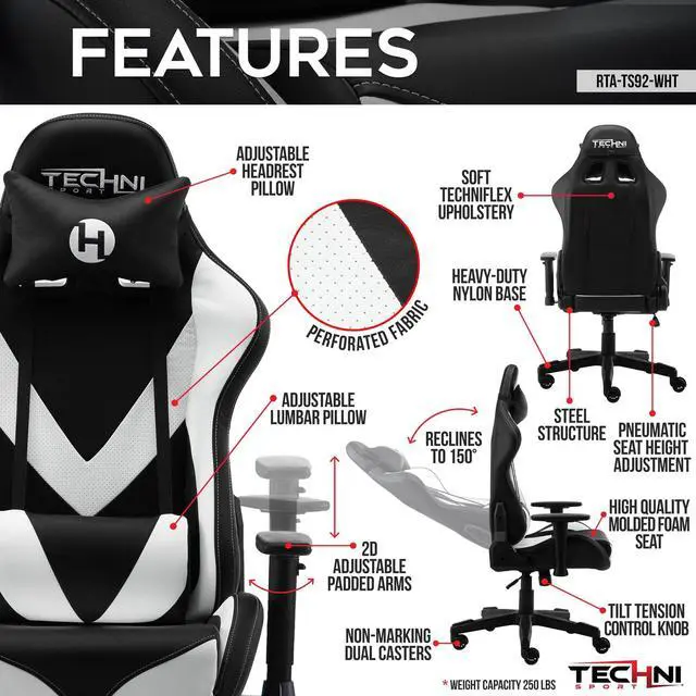 Alt view image 13 of 20 - Techni Sport TS-92 Office-PC Gaming Chair, White