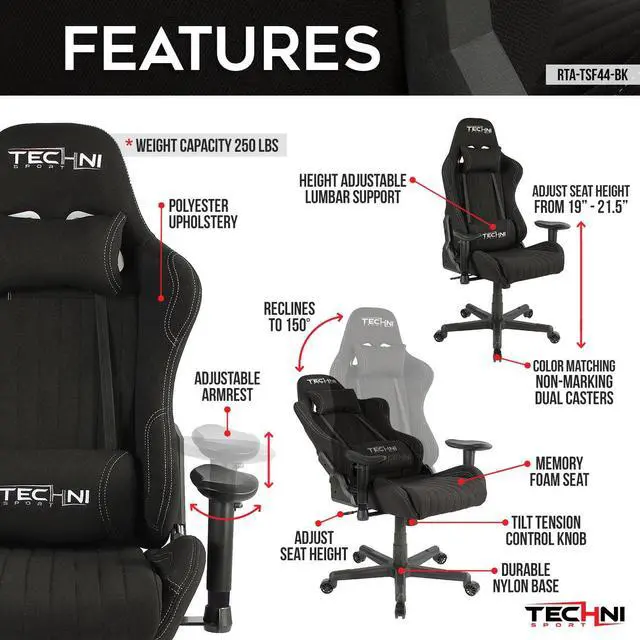 Alt view image 16 of 20 - Gaming Chair - Techni Sport TS-F44 - BLACK Fabric Ergonomic High Back Racer Style PC / Console Video Gaming / Study