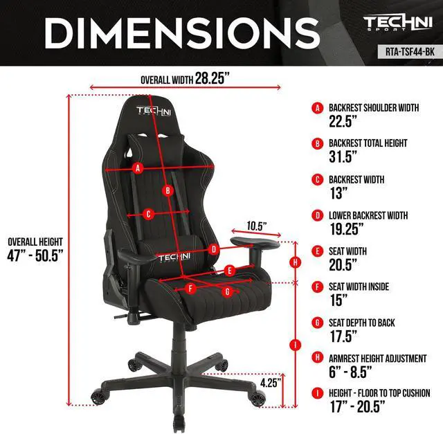 Alt view image 17 of 20 - Gaming Chair - Techni Sport TS-F44 - BLACK Fabric Ergonomic High Back Racer Style PC / Console Video Gaming / Study