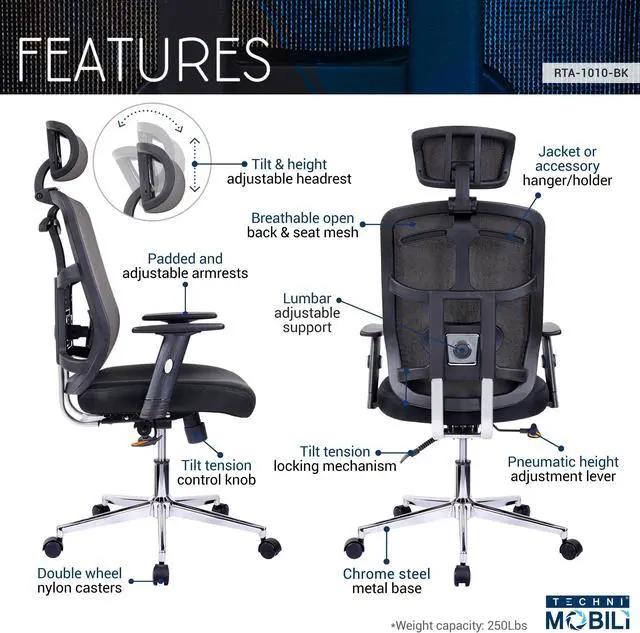 Alt view image 16 of 16 - Techni Mobili Back Mesh Office Chair with Non Marking Caster Wheels, Executive Task Chair with Adjustable Hight, Black