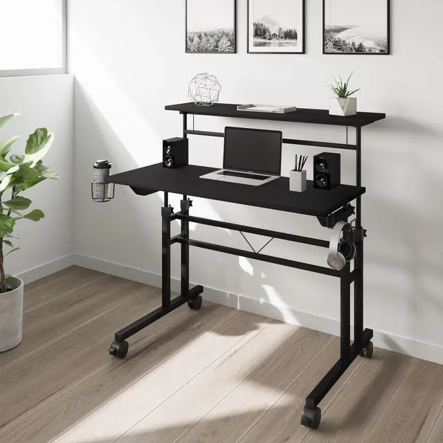 Alt view image 12 of 20 - Techni Mobili Rolling Writing Desk with Height Adjustable Desktop and Moveable Shelf, Black