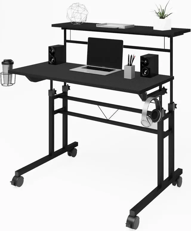 Alt view image 15 of 20 - Techni Mobili Rolling Writing Desk with Height Adjustable Desktop and Moveable Shelf, Black